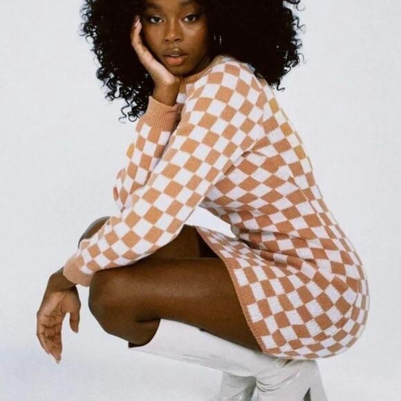 Princess Polly Dana Cut Out Knit Checkered Sweater Mini Dress, Size XS/S - Picture 2 of 11